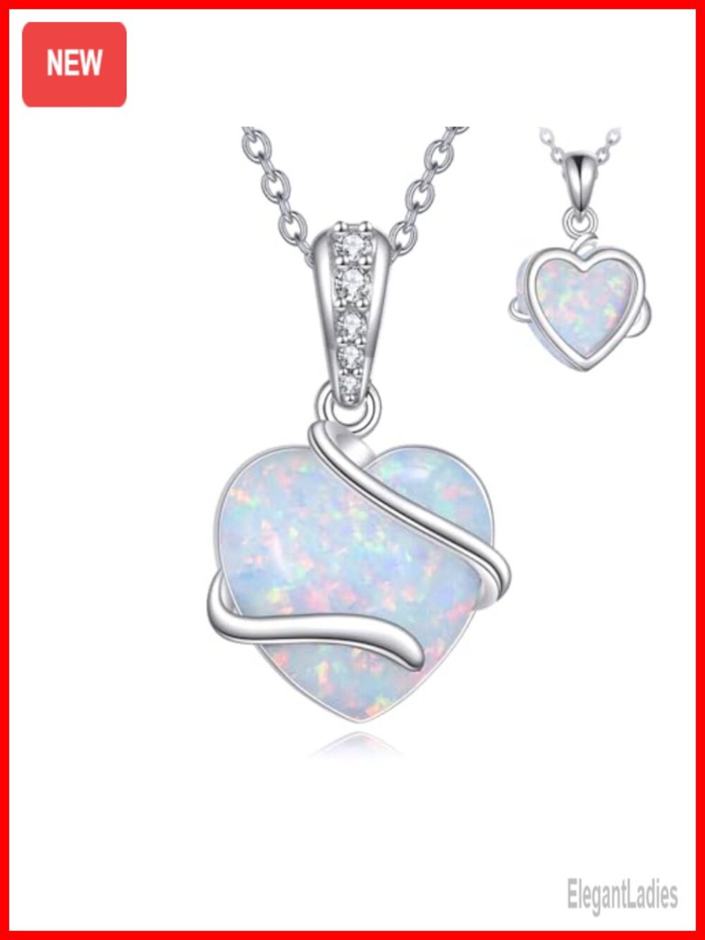 925 Sterling Silver Opal Heart Pendant Necklace with Cubic Zirconia